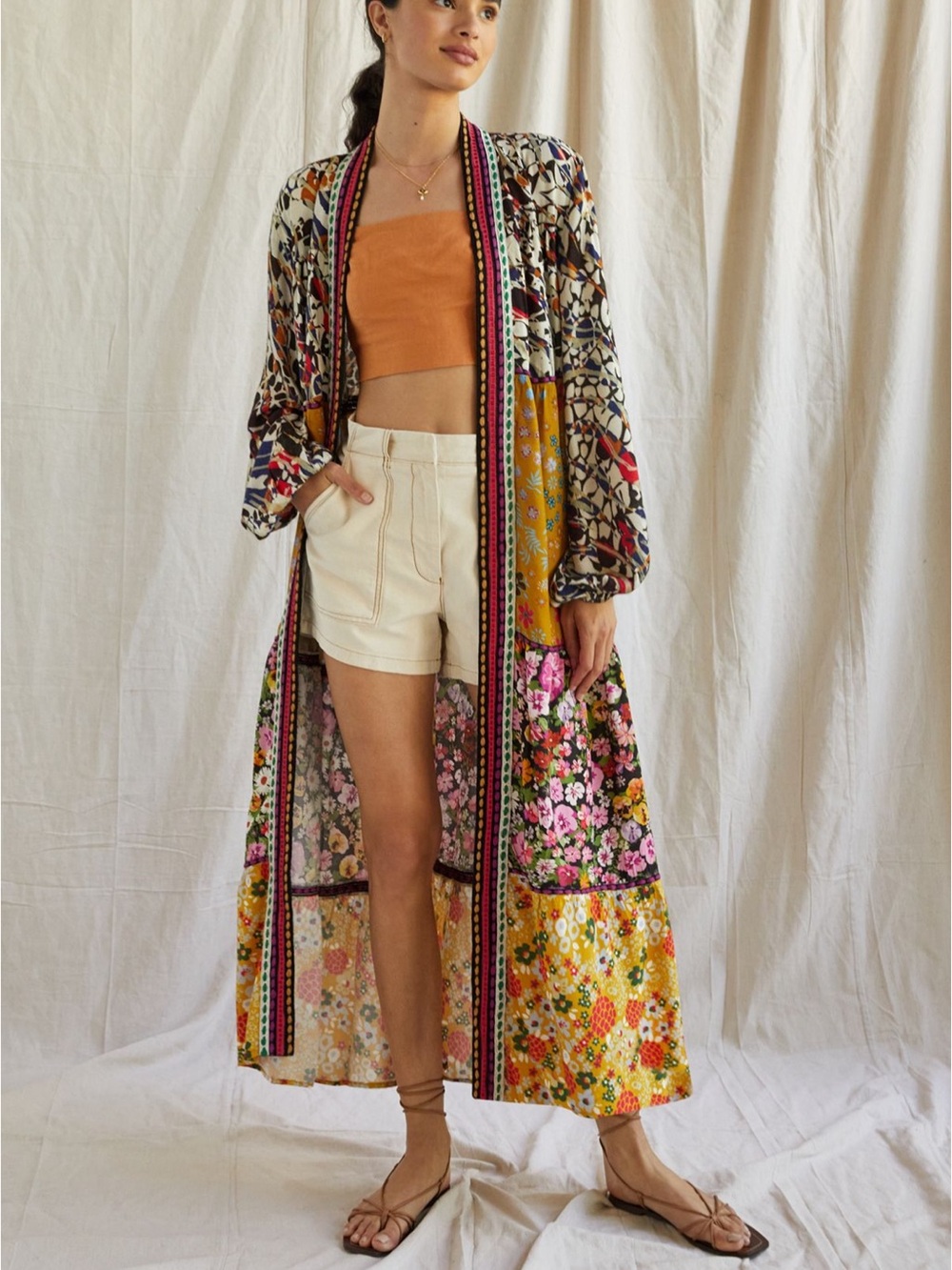 Boho Patchwork Floral Duster Kimono - Multicolor